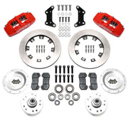 Wilwood Chrysler/Dodge/Plymouth front 12.19-inch plain face brake kit layout with red Dynapro 6A calipers and rotors, pads and fasteners and separate wheel hubs