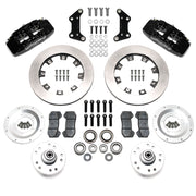 Wilwood Chrysler/Dodge/Plymouth front 12.19-inch plain face brake kit layout with black Dynapro 6A calipers and rotors, pads and fasteners and separate wheel hubs