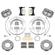 Wilwood MX-5 Miata/124 Spider front 11.00-inch gt slotted brake kit layout with hard-anodized Narrow Dynapro Road Race calipers and rotors, pads and fasteners, with braided hoses