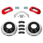 Wilwood Silverado/Sierra HD front 15.00-inch gt slotted brake kit layout with red TX6-DM calipers and rotors, pads and fasteners, with braided hoses