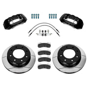 Wilwood Silverado/Sierra HD front 15.00-inch gt slotted brake kit layout with black TX6-DM calipers and rotors, pads and fasteners, with braided hoses