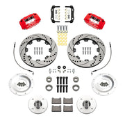 Wilwood front kit laid out with red calipers, drilled and slotted rotors, hubs, pads, hoses and hardware