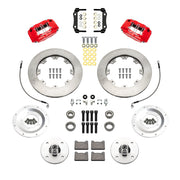 Wilwood front kit laid out with red calipers, plain-face rotors, hubs, pads, hoses and mounting hardware