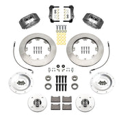 Wilwood front kit laid out with black calipers, plain-face rotors, hubs, pads, hoses and mounting hardware