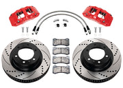 Wilwood Tacoma/4Runner/FJ Cruiser/GX470/GX460 front 13.31-inch srp drilled & slotted brake kit layout with red AERO6-DM calipers and rotors, pads and fasteners, with braided hoses