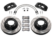 Wilwood Tacoma/4Runner/FJ Cruiser/GX470/GX460 front 13.31-inch srp drilled & slotted brake kit layout with black AERO6-DM calipers and rotors, pads and fasteners, with braided hoses