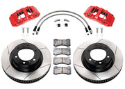 Wilwood Tacoma/4Runner/FJ Cruiser/GX470/GX460 front 13.31-inch gt slotted brake kit layout with red AERO6-DM calipers and rotors, pads and fasteners, with braided hoses