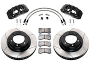 Wilwood Tacoma/4Runner/FJ Cruiser/GX470/GX460 front 13.31-inch gt slotted brake kit layout with black AERO6-DM calipers and rotors, pads and fasteners, with braided hoses