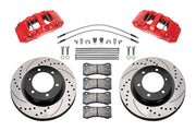 Wilwood Ford Bronco 2.3L front 13.38-inch srp drilled & slotted brake kit layout with red AERO6-DM calipers and rotors, pads and fasteners, with braided hoses