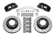 Wilwood Ford Bronco 2.3L front 13.38-inch srp drilled & slotted brake kit layout with black AERO6-DM calipers and rotors, pads and fasteners, with braided hoses