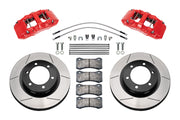 Wilwood Ford Bronco 2.3L front 13.38-inch gt slotted brake kit layout with red AERO6-DM calipers and rotors, pads and fasteners, with braided hoses