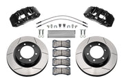 Wilwood Ford Bronco 2.3L front 13.38-inch gt slotted brake kit layout with black AERO6-DM calipers and rotors, pads and fasteners, with braided hoses