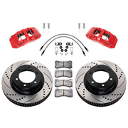 Wilwood Toyota Tundra/Sequoia front 13.56-inch srp drilled & slotted brake kit layout with red AERO6-DM calipers and rotors, pads and fasteners, with braided hoses