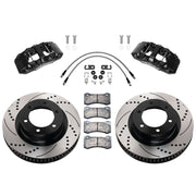 Wilwood Toyota Tundra/Sequoia front 13.56-inch srp drilled & slotted brake kit layout with black AERO6-DM calipers and rotors, pads and fasteners, with braided hoses