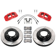 Wilwood Toyota Tundra/Sequoia front 13.56-inch gt slotted brake kit layout with red AERO6-DM calipers and rotors, pads and fasteners, with braided hoses