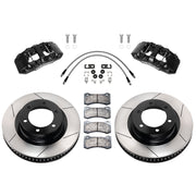 Wilwood Toyota Tundra/Sequoia front 13.56-inch gt slotted brake kit layout with black AERO6-DM calipers and rotors, pads and fasteners, with braided hoses