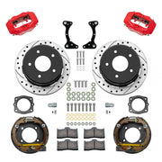 Wilwood Chevrolet/GMC C1500 rear 12.19-inch srp drilled & slotted brake kit layout with red Dynalite calipers and rotors, pads and fasteners and internal parking-brake assemblies