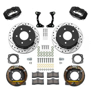 Wilwood Chevrolet/GMC C1500 rear 12.19-inch srp drilled & slotted brake kit layout with black Dynalite calipers and rotors, pads and fasteners and internal parking-brake assemblies