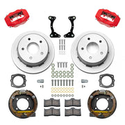 Wilwood Chevrolet/GMC C1500 rear 12.19-inch plain face brake kit layout with red Dynalite calipers and rotors, pads and fasteners and internal parking-brake assemblies