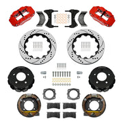 Wilwood Chevrolet/GMC C1500 rear 12.88-inch srp drilled & slotted brake kit layout with red Superlite 4R calipers and rotors, pads and fasteners and internal parking-brake assemblies