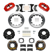Wilwood Chevrolet/GMC C1500 rear 12.88-inch gt slotted brake kit layout with red Superlite 4R calipers and rotors, pads and fasteners and internal parking-brake assemblies