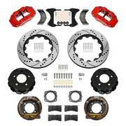 Wilwood Chevrolet/GMC C1500 rear 14.00-inch srp drilled & slotted brake kit layout with red Superlite 4R calipers and rotors, pads and fasteners and internal parking-brake assemblies