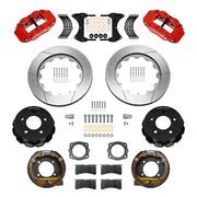 Wilwood Chevrolet/GMC C1500 rear 14.00-inch gt slotted brake kit layout with red Superlite 4R calipers and rotors, pads and fasteners and internal parking-brake assemblies