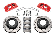 Wilwood Ford Ranger front 13.38-inch srp drilled & slotted brake kit layout with red AERO6-DM calipers and rotors, pads and fasteners, with braided hoses