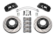 Wilwood Ford Ranger front 13.38-inch srp drilled & slotted brake kit layout with black AERO6-DM calipers and rotors, pads and fasteners, with braided hoses