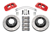 Wilwood Ford Ranger front 13.38-inch gt slotted brake kit layout with red AERO6-DM calipers and rotors, pads and fasteners, with braided hoses