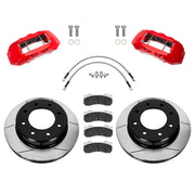 Wilwood Ram 2500/3500 front 15.00-inch gt slotted brake kit layout with red TX6-DM calipers and rotors, pads and fasteners, with braided hoses