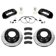 Wilwood Ford F-250/F-350 Super Duty 4WD (2005–2010) front 15.00-inch gt slotted brake kit layout with black TX6-DM calipers and rotors, pads and fasteners, with braided hoses