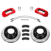 Wilwood Silverado HD/Sierra HD/Suburban 3500 HD front 15.00-inch gt slotted brake kit layout with warm red TX6-DM calipers and rotors, pads and fasteners, with braided hoses