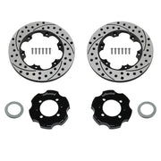 Wilwood Mazda Miata Sport rear 10.85-inch srp drilled & slotted rotor kit, rings, hats, adapters and bolts laid out