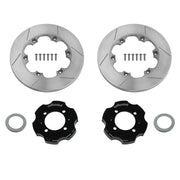 Wilwood Mazda Miata Sport rear 10.85-inch gt slotted rotor kit, rings, hats, adapters and bolts laid out