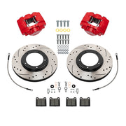 Wilwood Porsche 911 front 11.10-inch srp drilled & slotted brake kit layout with red D31 calipers and rotors, pads and fasteners, with braided hoses