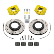 Wilwood Porsche 911 front 11.10-inch srp drilled & slotted brake kit layout with yellow D31 calipers and rotors, pads and fasteners, with braided hoses