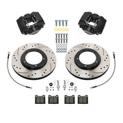Wilwood Porsche 911 front 11.10-inch srp drilled & slotted brake kit layout with black D31 calipers and rotors, pads and fasteners, with braided hoses