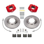 Wilwood Porsche 911 front 11.10-inch plain face brake kit layout with red D31 calipers and rotors, pads and fasteners, with braided hoses