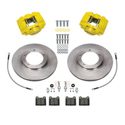 Wilwood Porsche 911 front 11.10-inch plain face brake kit layout with yellow D31 calipers and rotors, pads and fasteners, with braided hoses