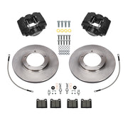 Wilwood Porsche 911 front 11.10-inch plain face brake kit layout with black D31 calipers and rotors, pads and fasteners, with braided hoses