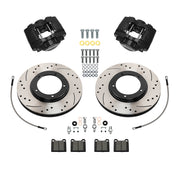 Wilwood Porsche 911 (1969–1983) front 11.10 × 0.80-inch srp drilled & slotted brake kit layout with black D45 calipers and rotors, pads and fasteners, with braided hoses