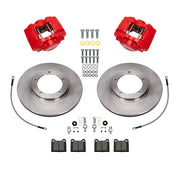 Wilwood Porsche 911 (1969–1983) front 11.10 × 0.80-inch plain face brake kit layout with red D45 calipers and rotors, pads and fasteners, with braided hoses