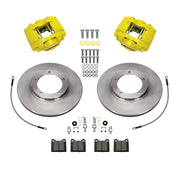 Wilwood Porsche 911 (1969–1983) front 11.10 × 0.80-inch plain face brake kit layout with yellow D45 calipers and rotors, pads and fasteners, with braided hoses