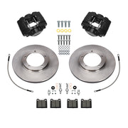 Wilwood Porsche 911 (1969–1983) front 11.10 × 0.80-inch plain face brake kit layout with black D45 calipers and rotors, pads and fasteners, with braided hoses