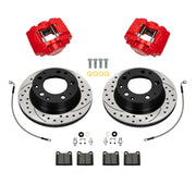 Wilwood Porsche 911 (1969–1983) rear 11.42 × 0.80-inch srp drilled & slotted brake kit layout with red D31 calipers and rotors, pads and fasteners, with braided hoses