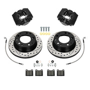Wilwood Porsche 911 (1969–1983) rear 11.42 × 0.80-inch srp drilled & slotted brake kit layout with black D31 calipers and rotors, pads and fasteners, with braided hoses
