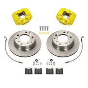 Wilwood Porsche 911 (1969–1983) rear 11.42 × 0.80-inch plain face brake kit layout with yellow D31 calipers and rotors, pads and fasteners, with braided hoses