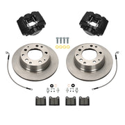 Wilwood Porsche 911 (1969–1983) rear 11.42 × 0.80-inch plain face brake kit layout with black D31 calipers and rotors, pads and fasteners, with braided hoses