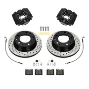 Wilwood Porsche 911 (1984–1989) rear 11.42 × 0.95-inch srp drilled & slotted brake kit layout with black D31 calipers and rotors, pads and fasteners, with braided hoses